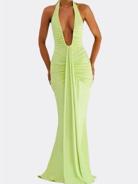 Plunging Halter Lime Green Evening Gown